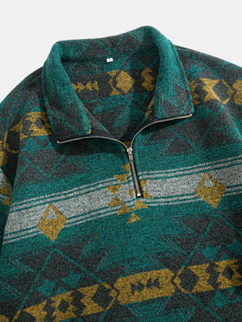 Men's Ethnic Pattern Half-Zip Mock Neck Jacket, Loose Casual Long Sleeve Zip Front Outerwear for Winter, Men's Winter Clothes for Daily Wear
