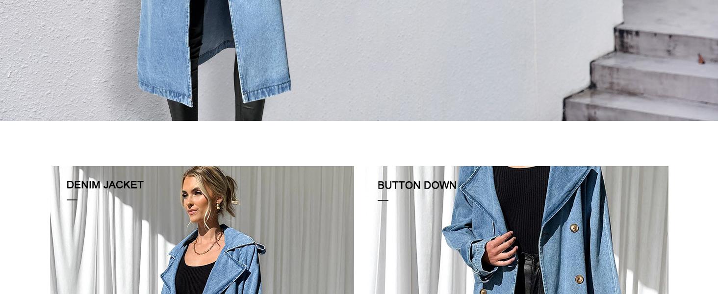 FMEYOA Women's Long Double Breasted Denim Jacket Oversized Button Down Maxi Jean Coat Classic Lapel Outercoat M8M483