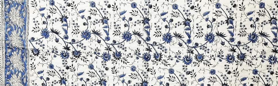 kanthaNtapestryart Indian Hand Block Print Kantha Cotton Kantha Throw Blanket Indian Bedspread Kantha Bed Cover Sofa Throw Bedspread Blanket (King/Queen Size 90x108 Inch), Blue