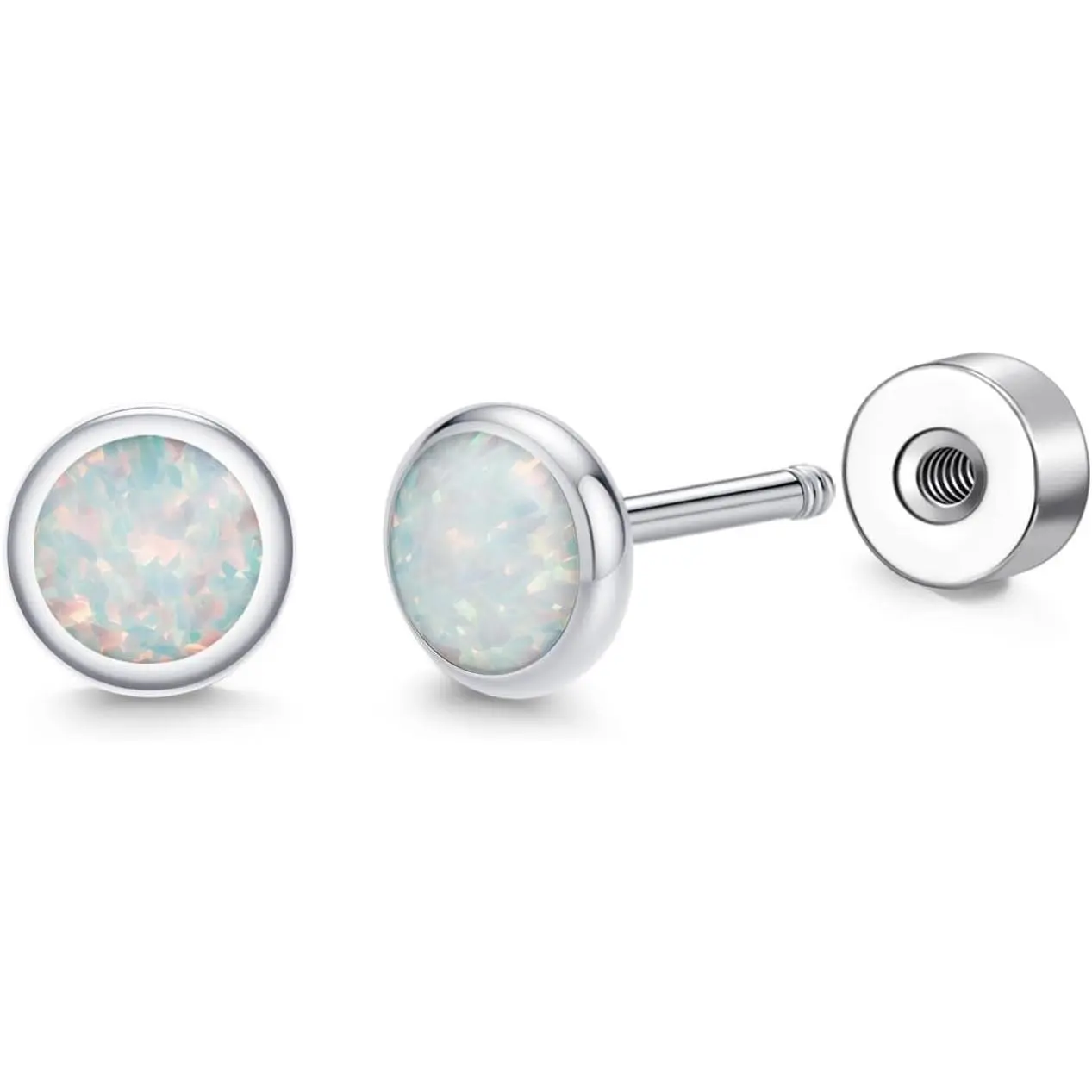 5 mm Opal Titanium Earrings Screw Back 20G Hypoallergenic studs ASTM F136 Implant Grade Titanium Earrings Flat Back G23 Piercing Studs for Sensitive Ears
