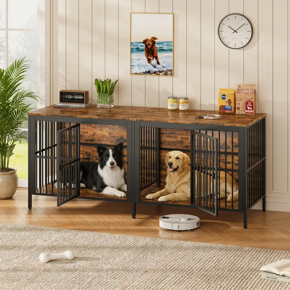 79.9''W x 27.6''D x 32.2''H Heavy Duty Double Door Dog Crate End Table, 99.40 lbs Modern Crates & Kennels Indoor Pet Kennel, 1.5 Hours Assembly Multipurpose Furniture for Large & Medium Dogs (Rustic Brown)