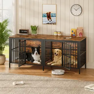 80 Dog Crate End Table, Heavy Duty 2-Door Indoor Pet Kennel, Multipurpose Dog House Furniture as TV Stand or Side Table for Living Room, Large & Medium Dogs.(Rustic Brown)