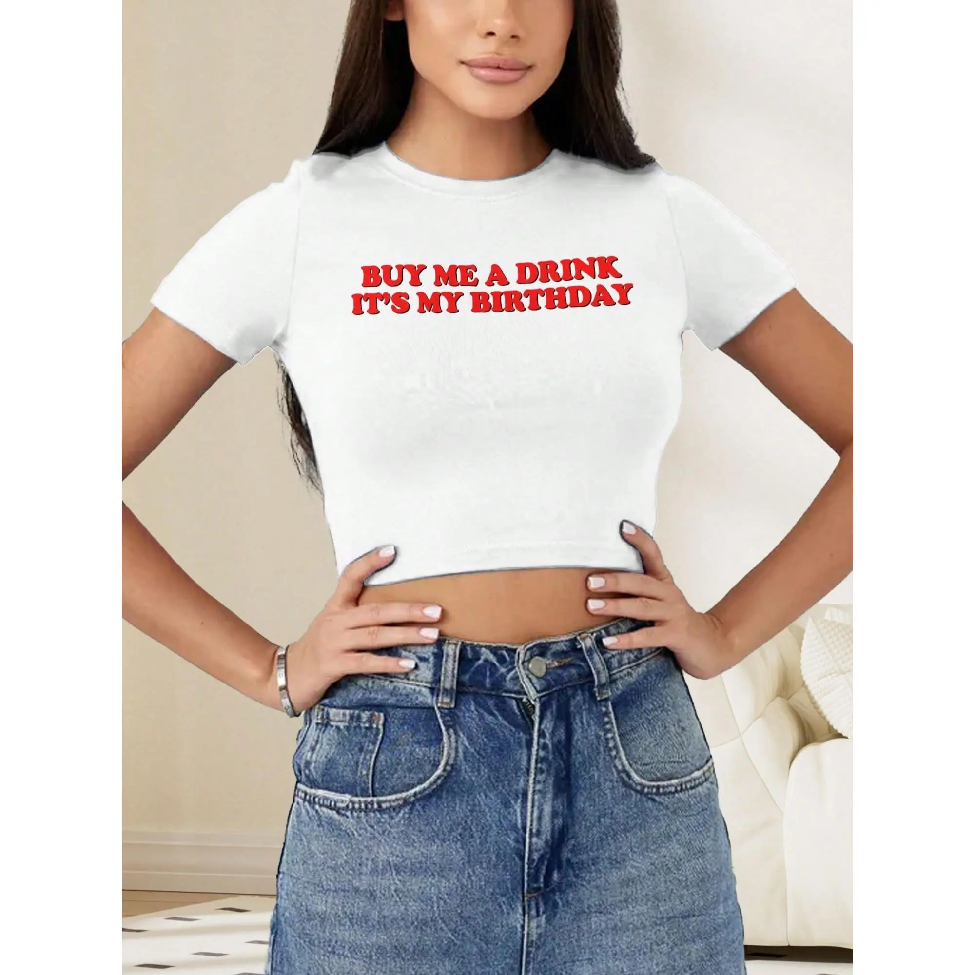 "Buy Me A Drink It's My Birthday Women's Crop Top - Short Sleeve Soft Graphic T-Shirt, Cropped Fitted Tee For Birthday Party Night Out"