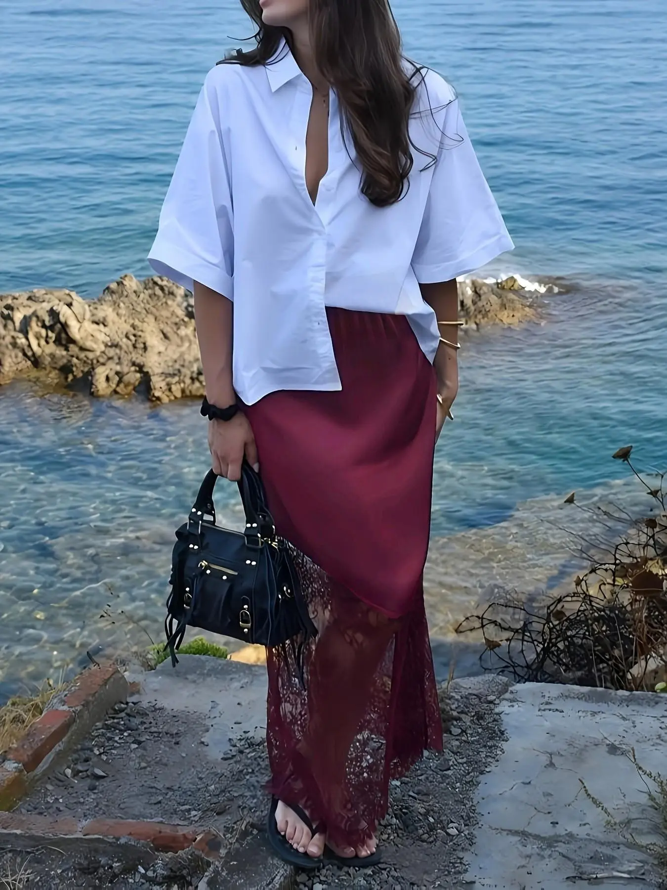 Silk Lace Patchwork Midi Skirt, Elegant Women's Fashion, Perfect for Special Occasions, Soft & Luxurious Material, Timeless Design