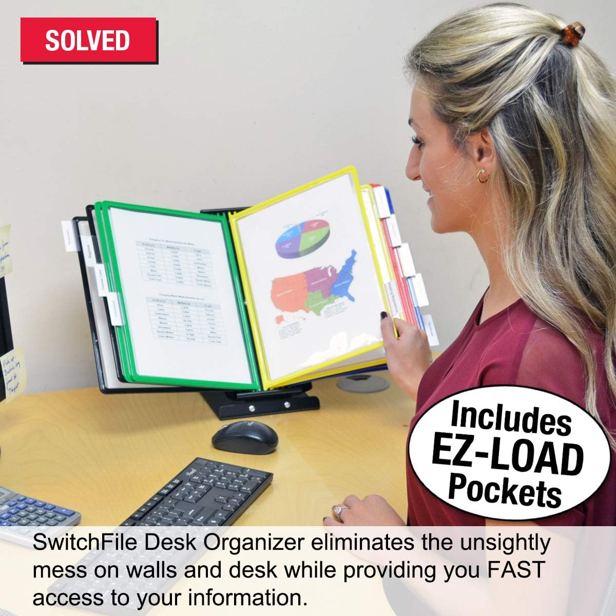 SwitchFile Reference Organizer Displays Both Landscape or Portrait Documents, Desk or Wall Mount, Featuring, 10 EZ-Load Pockets to Hold 20 Sheets of Paper (Colored Pockets)