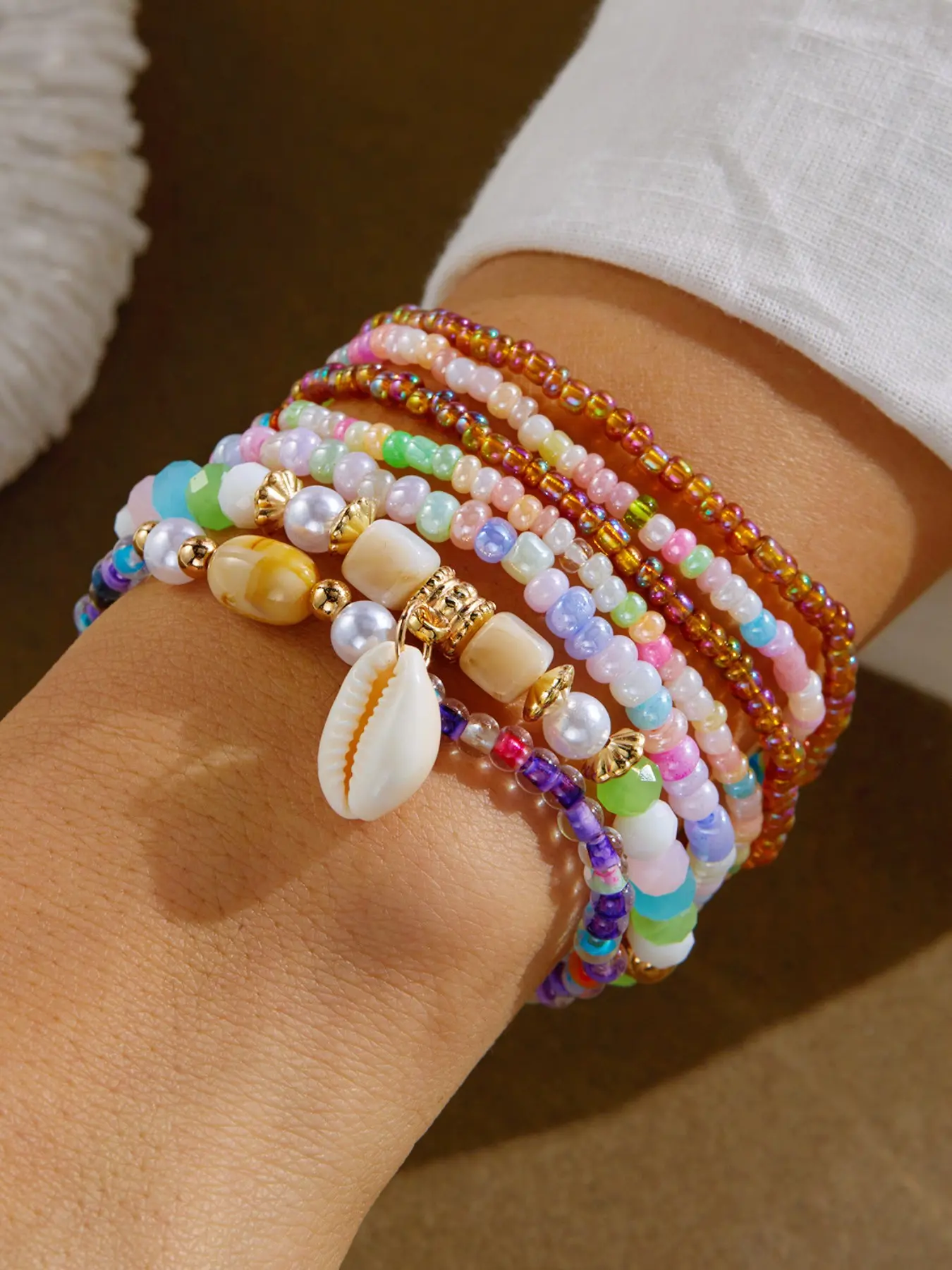 Boho Multi-Layer Beaded Shell Bracelet Set, Elegant Handmade Jewelry, Perfect Gift for Women, Unique Bohemian Style Accessories