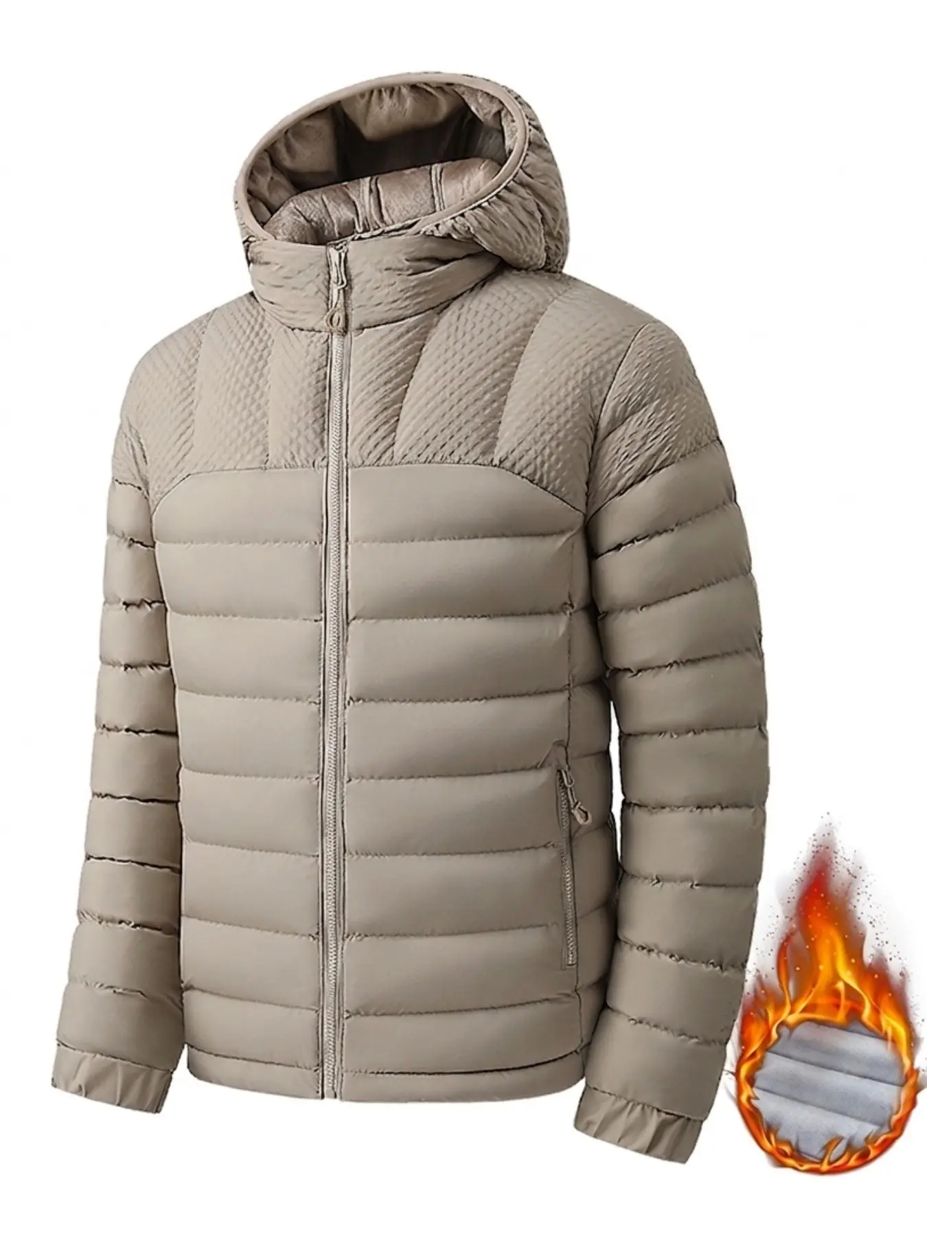 Men Graphene Thermal Hooded Padded Jacket Textured Splice Quilted Stitched Lightweight Winter Outdoor Warm Coat