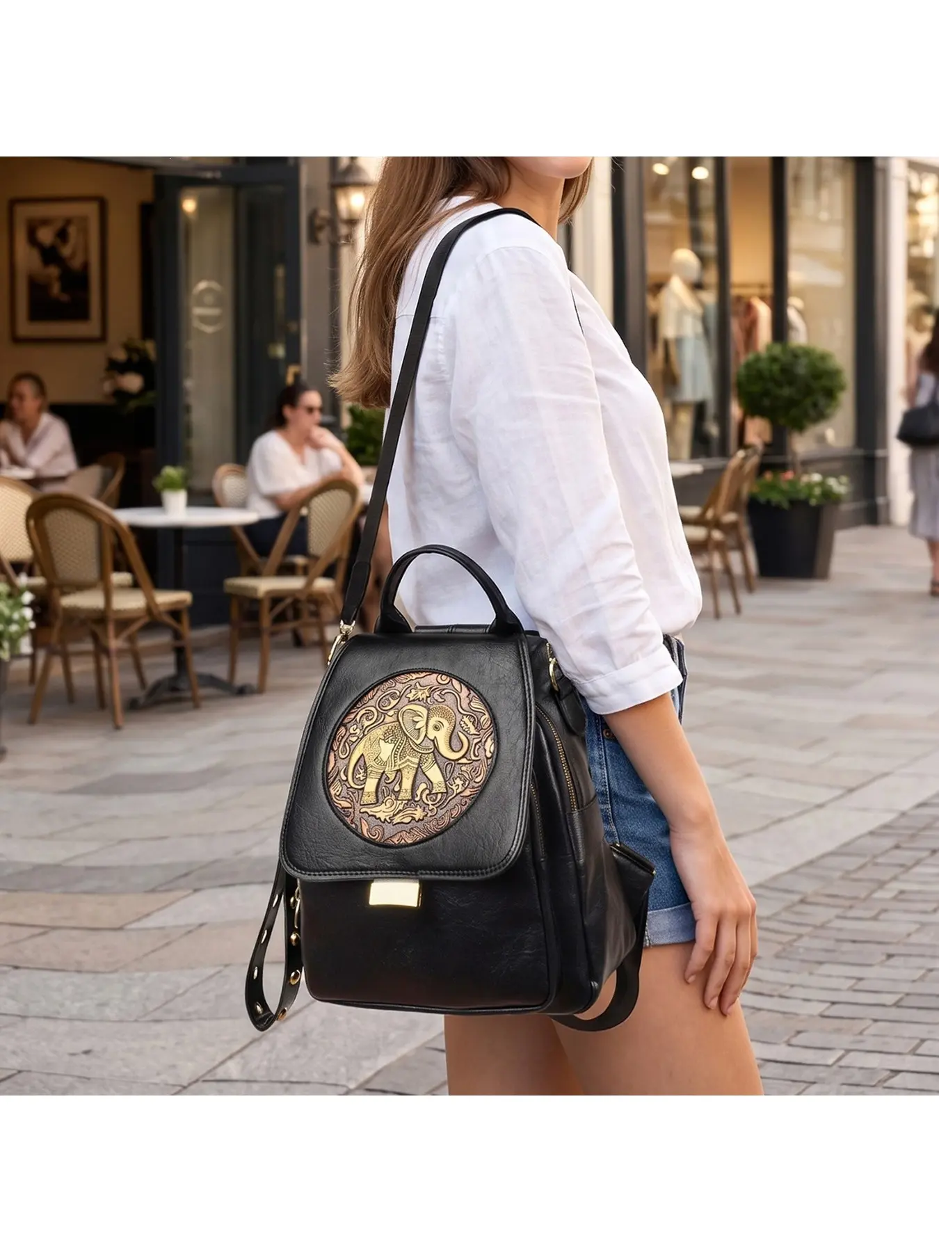 New Arrival Vintage PU Backpack, Ethnic-Style Elephant Embossed Decor Anti-theft Rucksack, Detachable Strap Multi-way Shoulder Bag for Women