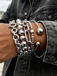 5 Piece Silver Color Metal Bracelet Set, European and American Street Style, Thick Chain/round Bead/square Designs, Hip Hop/hot Girl Accessories, Bracelets Jewelry