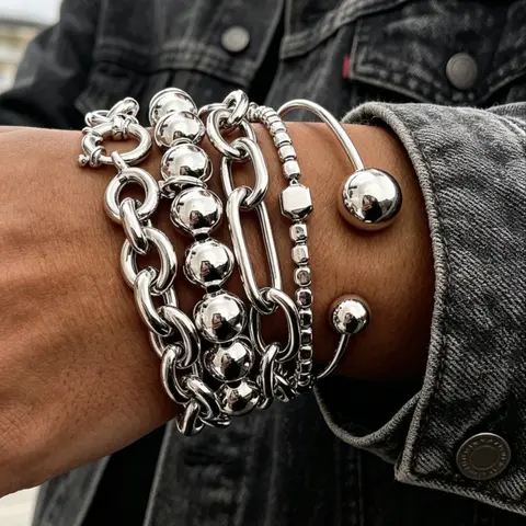 5 Piece Silver Color Metal Bracelet Set, Stacked Bracelets, Punk Style, Thick Chain, Round Beads, Square Design, Streetwear Accessory, All Seasons