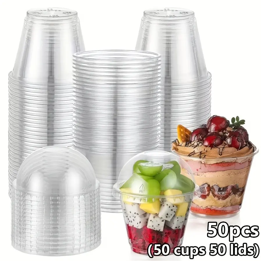 100pcs Disposable Cake Cups with Lids, 9oz Transparent Plastic Bowls for Ice Cream, Party, Travel, Easy Carry, 50 Cups + 50 Lids, Party Disposable Tableware