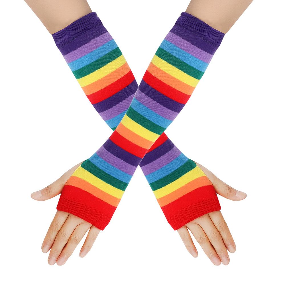 Rainbow Knitted Gloves Colorful Striped Long Sleeves Soft Stretchy Warm Handwear LGBTQ+ Pride Month Essential Vibrant Striped Knit Mitts for European & American Pride Parade Music Festival Holiday Party Cosplay Daily Casual Wear Lightweight Durable Fashio