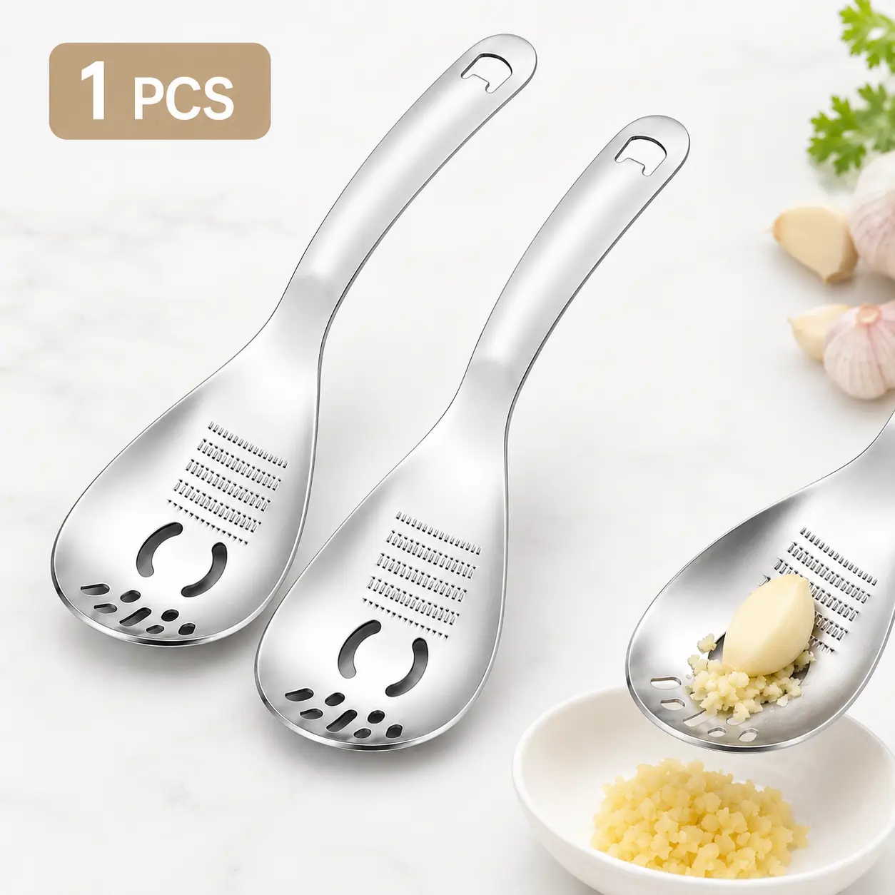 Stainless Steel Ginger Grater Spoon, Manual Garlic Crusher & Masher, Multifunctional Kitchen Tool for Garlic, Ginger, Lemon Zest, Vegetables & Food Prep