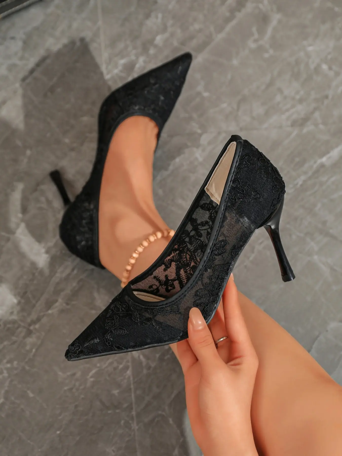 Women's Transparent Mesh Floral Lace Embroidered Pointed Toe Slip-On High Heel Shoes, Elegant Evening Shoes for Weddings, Parties, Dates