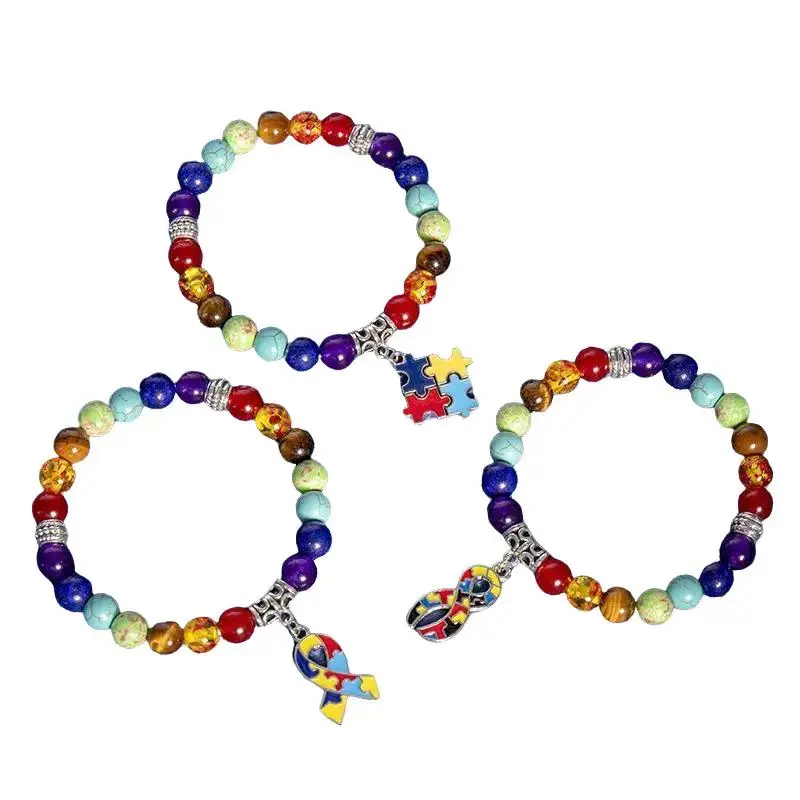 Beaded Bracelet for Autism Awareness, Unisex Rainbow Chakra Stone Stretch Band with Puzzle Piece Charm for Support & Daily Wear, Natural, Teacher, Love, Teen, Awareness Wear tiktokshopbacktoschool
