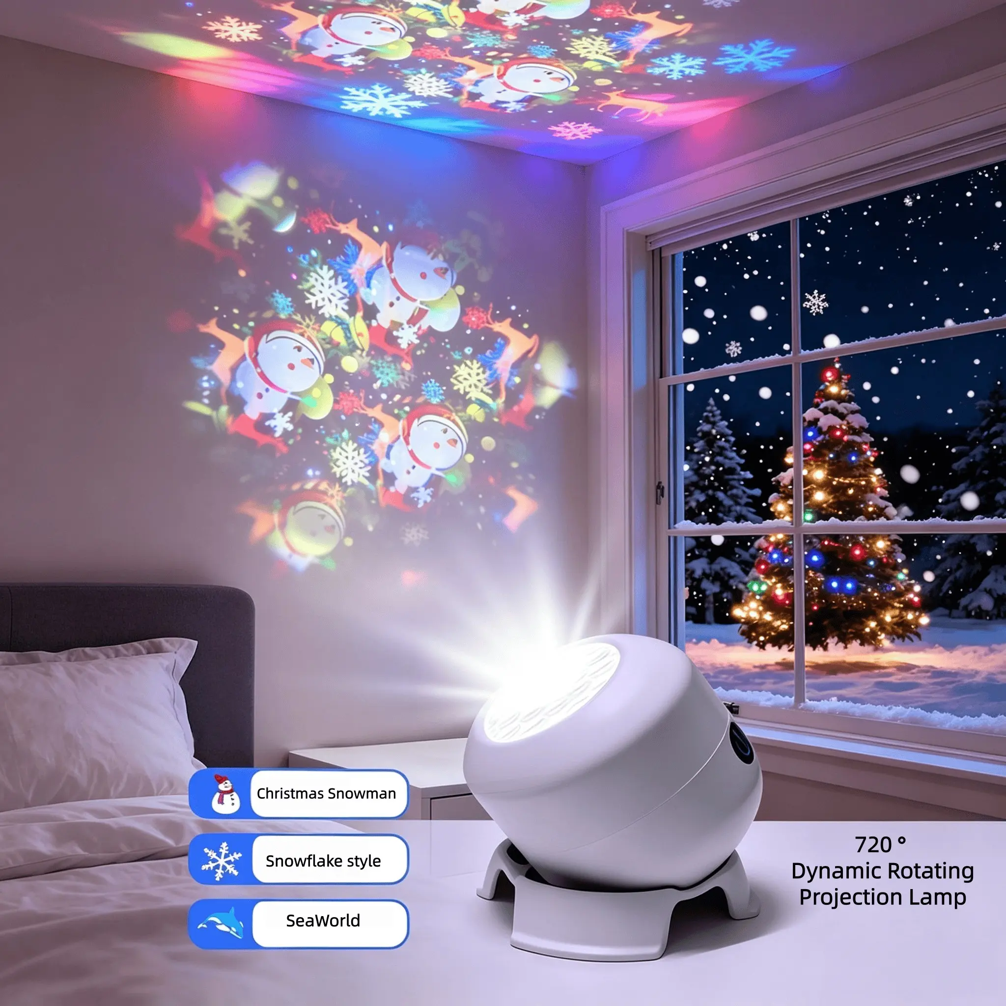 New LED Rotating Projector Lamp, Kids Sleep Aid Anime Night Light, Creative Room Ambiance, Christmas Ocean Snowflake Patterns, Holiday Decor