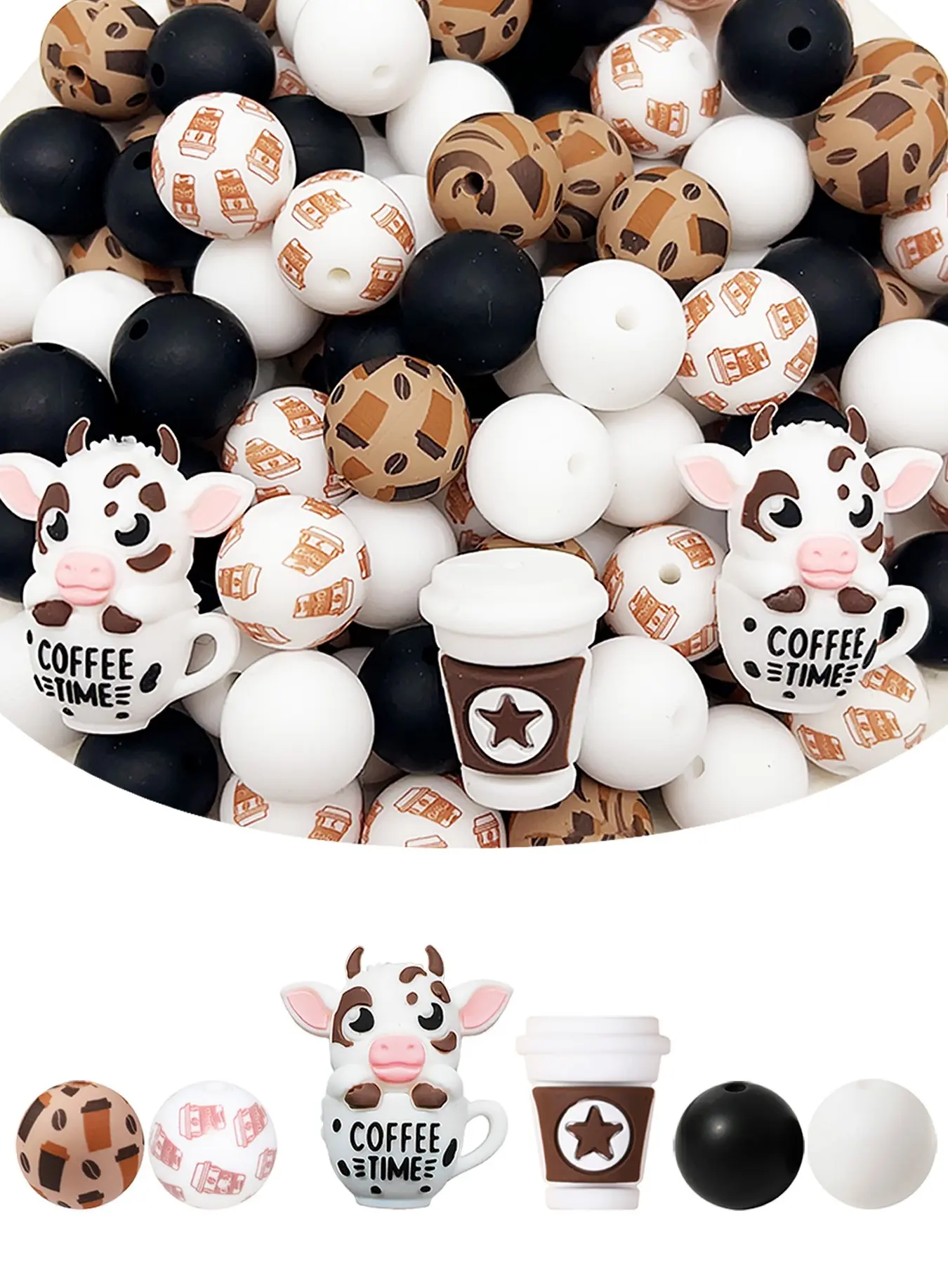 34pcs Coffee Cow Silicone Beads Set, Coffee Cup Design, and Beads, Ideal for DIY Jewelry, Perfect Gift for Holidays and Birthdays