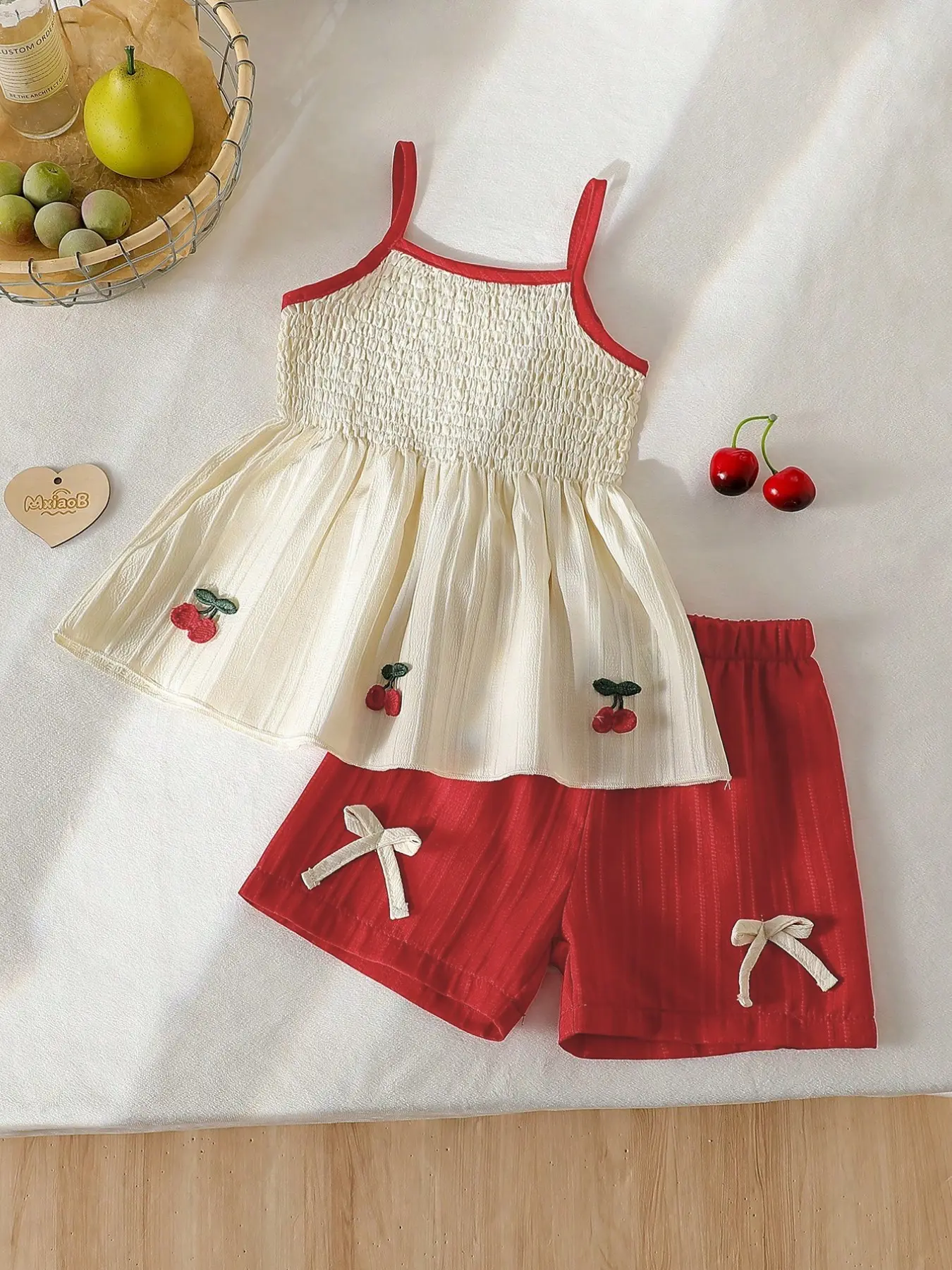 Two-Piece Girls' Casual Set Outfits, Butterfly Knot Cherry Top and Shorts, Soft Polyester, Ideal for Outdoor Spring/summer Wear