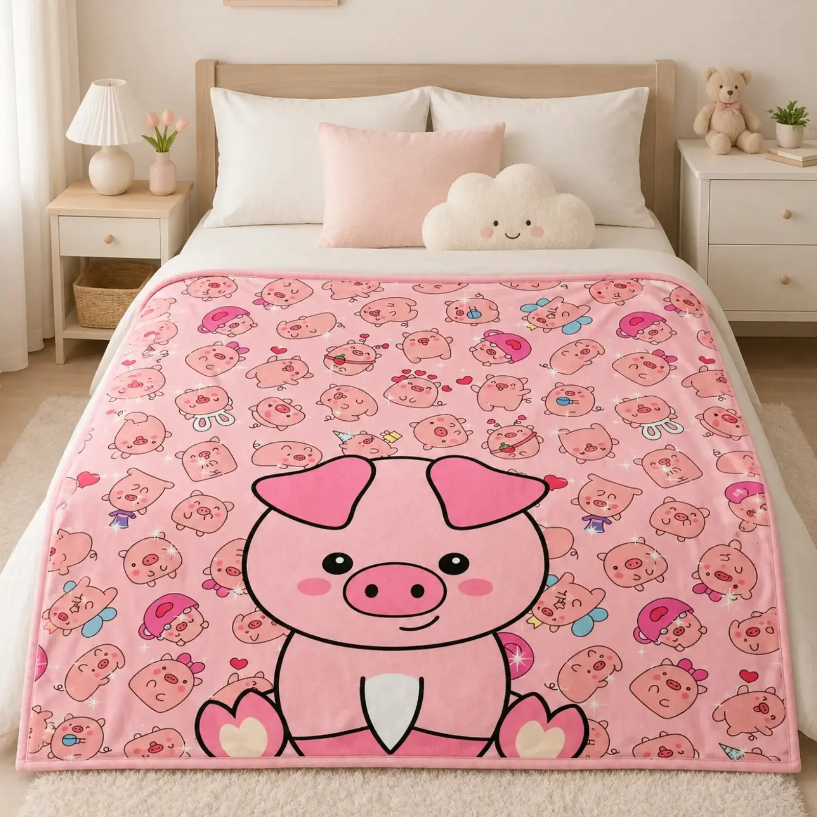 Pastel Pink Cute Big Pig Collage Flannel Throw Blanket, Kawaii Cartoon Animal All Over Mini Pig Heart Sparkle Print Ultra Soft Plush Cozy All Season Blanket for Girls Bedroom Sofa Couch Dorm Room Reading Nook Decor, Sweet Aesthetic Gift for Pig Animal