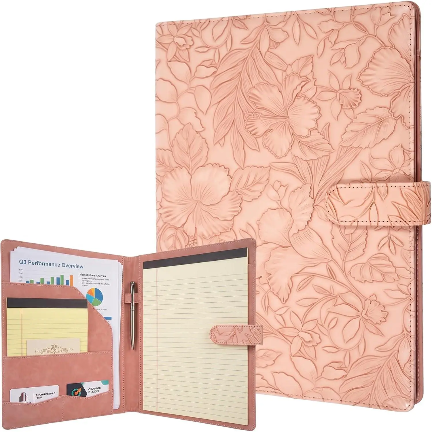 Professional Padfolio Portfolio Binder, Textured Embossing Faux Leather Folder Organizer for Letter Size Legal Pad Notepad Resume, Card Holder for Women Men Business Office Conference ()。