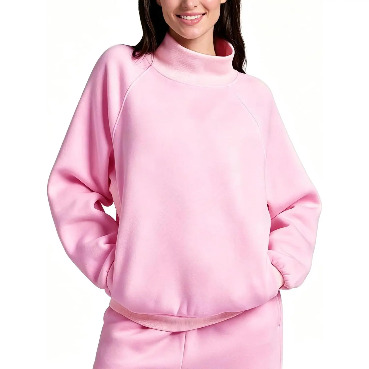 Wyeysyt Women's Oversized Mock Neck Sweatshirt with Pockets |   Raglan Sleeve,Fleece Lined,Cotton Blend,Thumbhole,Turtleneck,Basic Top,Fall Winter Pullover,Casual,Back to School
