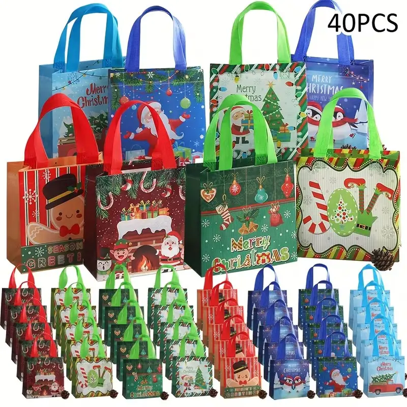 40Pcs Christmas Gift Bags with Handles, Non-Woven Holiday Gift Bags, 7.87 × 7.67 × 3.54 Inches, Santa Claus, Gingerbread Man & Snowflake Print, for Christmas Gift Wrapping, Party Favor Bags, Gift Exchange, Retail Shopping