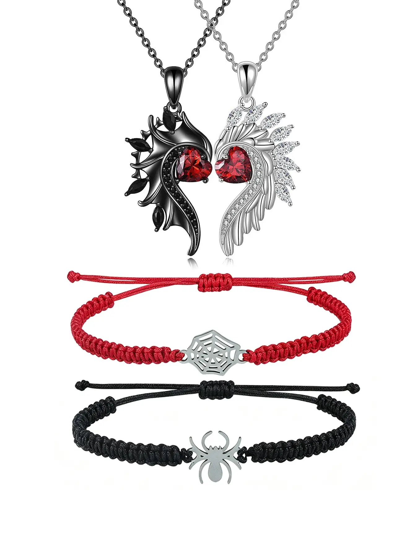 Spider-Man couple jewelry set, magnetic pendants (angel/devil, bat, skull), red-black spider web woven bracelets, adjustable unisex. Goth Halloween, Valentine, back-to-school gift for couples/besties, trending dark aesthetic matching accessories