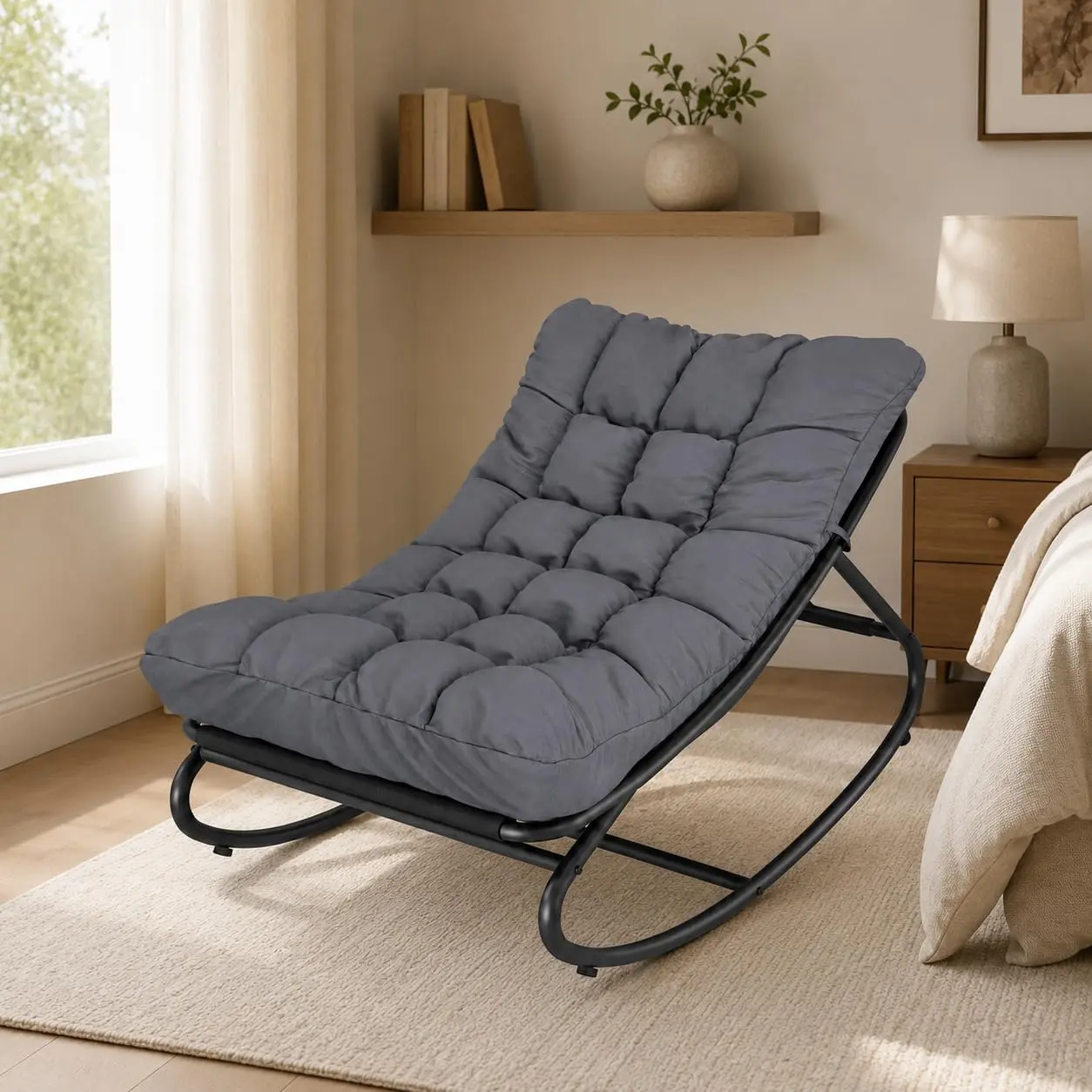 Outdoor Papasan Rocking Chair with Thick Cushion, 450 lb Capacity | Curved lounge profile, neutral gray finish and easy-care materials create a cozy retreat for porch, balcony or living room.