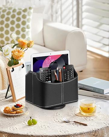 TV Remote Control Holder with 5 Compartments,Pu Leather Remote Caddy/Box/Tray Bedside Table Desk Storage Organizer for DVD, Blu-Ray, Media Player, Heater Controllers and Cosmetics Office Supplies