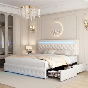 Queen LED Bed Frame With 4 Storage Drawers, RGBW Smart Lights In Headboard & Footboard, Adjustable Upholstered Headboard, No Box Spring Needed