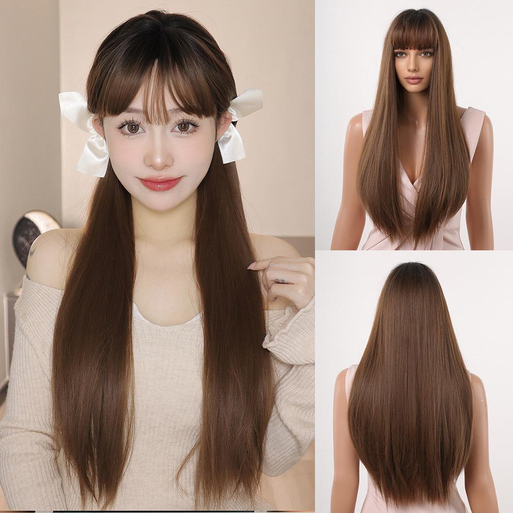 Latest Gray Ombre Straight Hair Wig with Front Fringe High Temperature Synthetic Fiber Easy to Put On Glueless Ventilated European and American Fashion Hair Topper