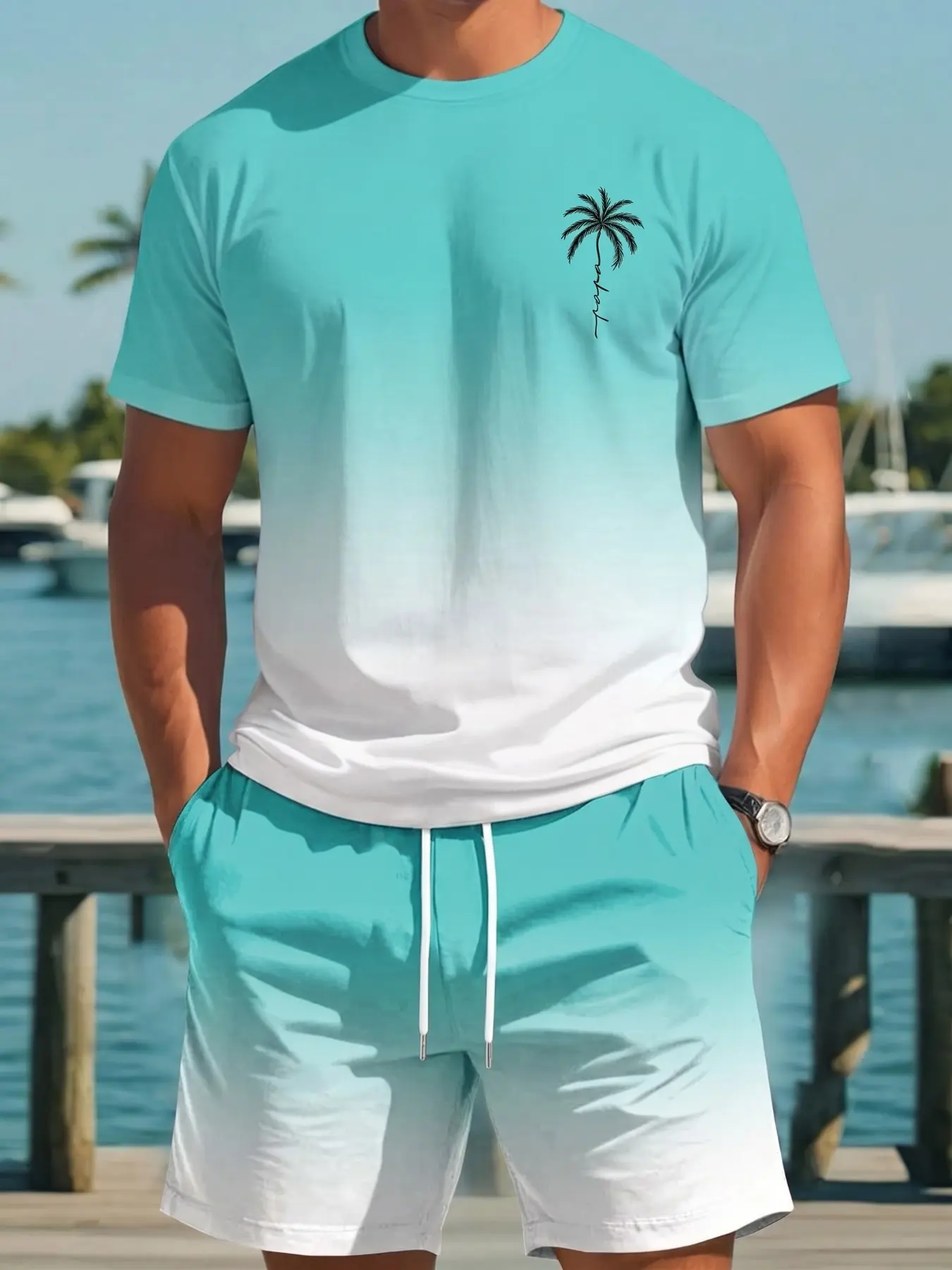 Elastic Waist Gradient Matching Tee & Short Set, Wrinkle Resistant for Daily Commute & Gym Men's Lemon Gradient Coconut Tree Handwritten Print Casual Two-Piece Set, Tropical Vacation Style, Lightweight Sportswear