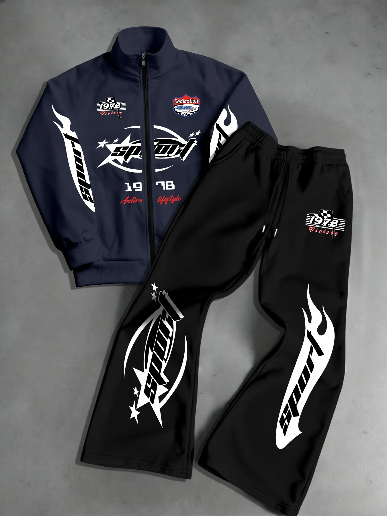 Men's American Racing Style Stand Collar Zipper Jacket Set, Vintage Motorcycle Jacket + Wide Leg Sweatpants, Fall & Winter Streetwear