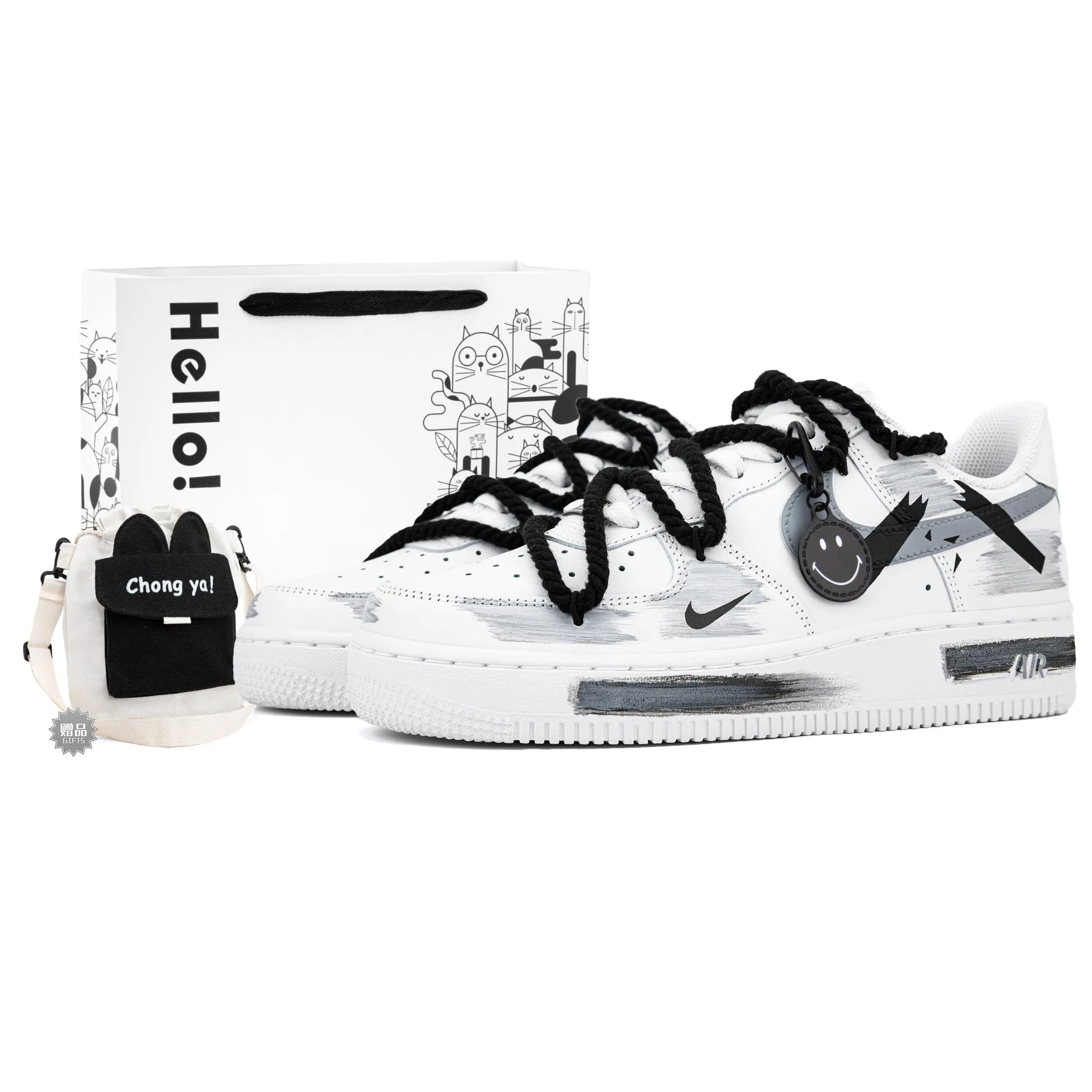 Nike Air Force 1 Custom Sneakers for Men and Women: Classic Retro Style, Triple Hook Design, Cushioned Support, Breathable Low-Top Cement Gray Verifiable, with credentials and supporting global authentication