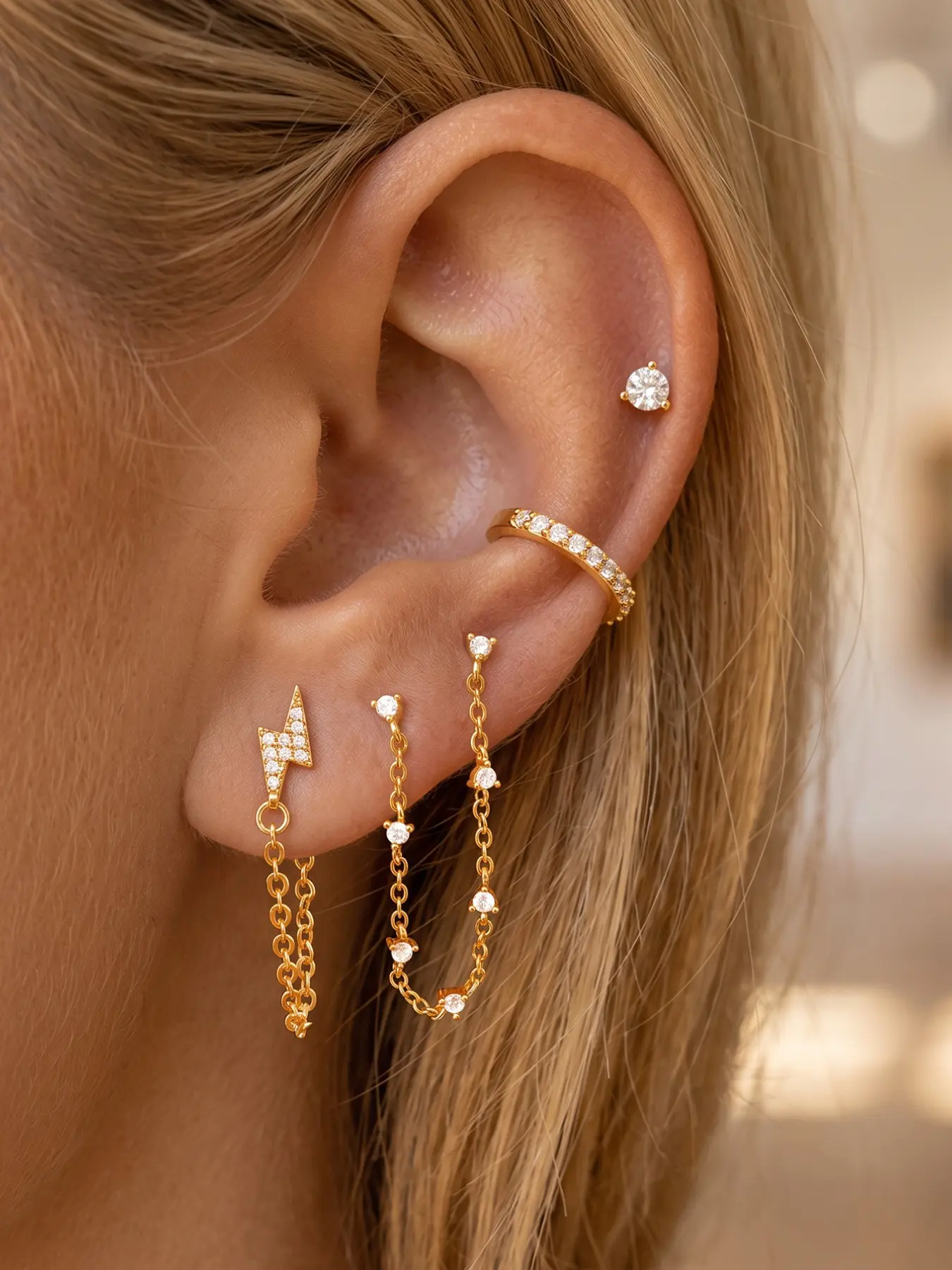 4pcs Lightning Bolt Zircon Earrings, Stackable Cartilage Studs, Long Chain Tassels, Hypoallergenic Jewelry for Women