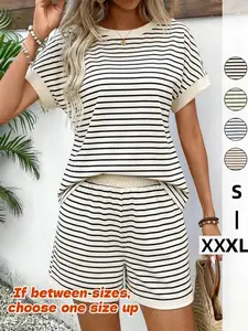 S-3XL，Two-Piece Set Women's Striped Print Batwing Sleeve Tee & Shorts, Casual Round Neck Top & Shorts for Summer, Ladies Clothes for Daily Wear, Lounge Shorts Set, Womenswear