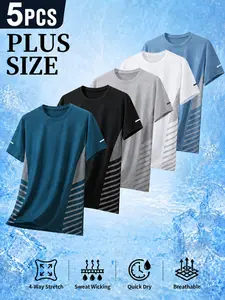 5-Pack Men's Plus Size Short Sleeve T-Shirts, 1xl-6xl, Lightweight Stretch Cool Summer Tops, Sporty Loose Fit, Dry Fit Athletic, Moisture-Wicking
