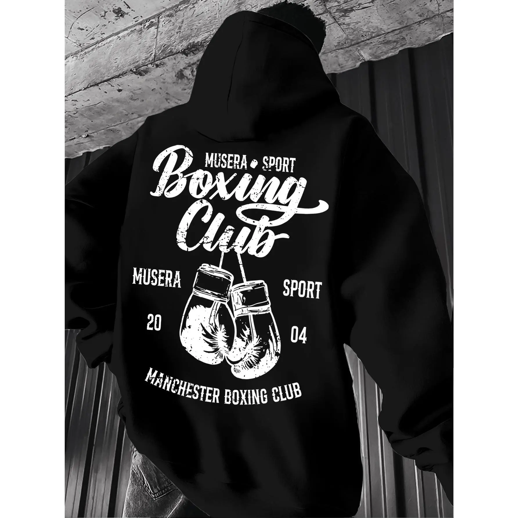 Men's Retro Boxing Graphic Hoodie, Casual Long Sleeve Pullover Sweatshirt, Knitted Polyester Top with Slight Stretch, Tops, Menswear