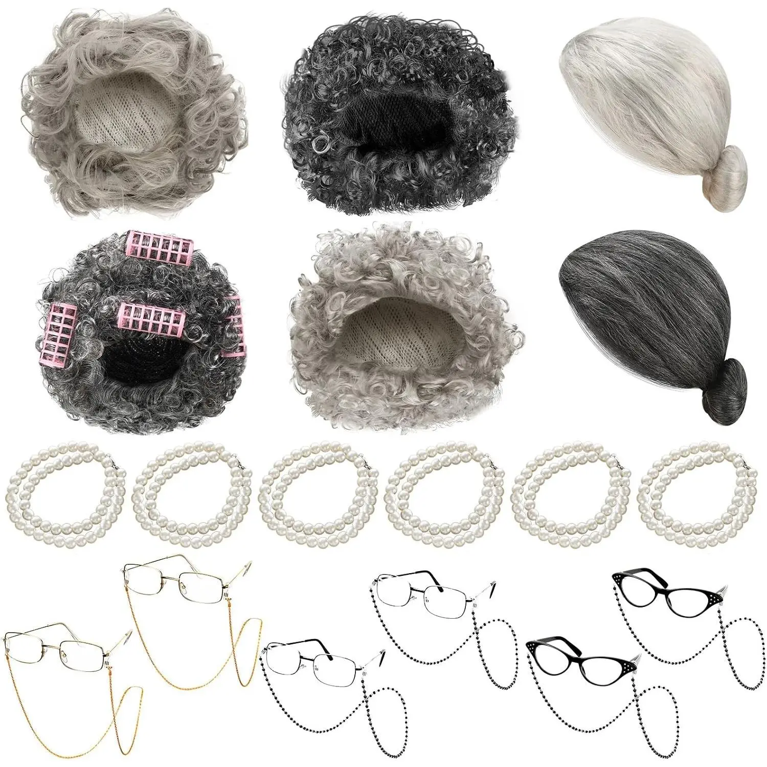 18-Piece Old Lady Costume Set for Women with Grandma Wig and Granny Glasses, Halloween Cosplay Dress-Up Party Accessories(Gift)