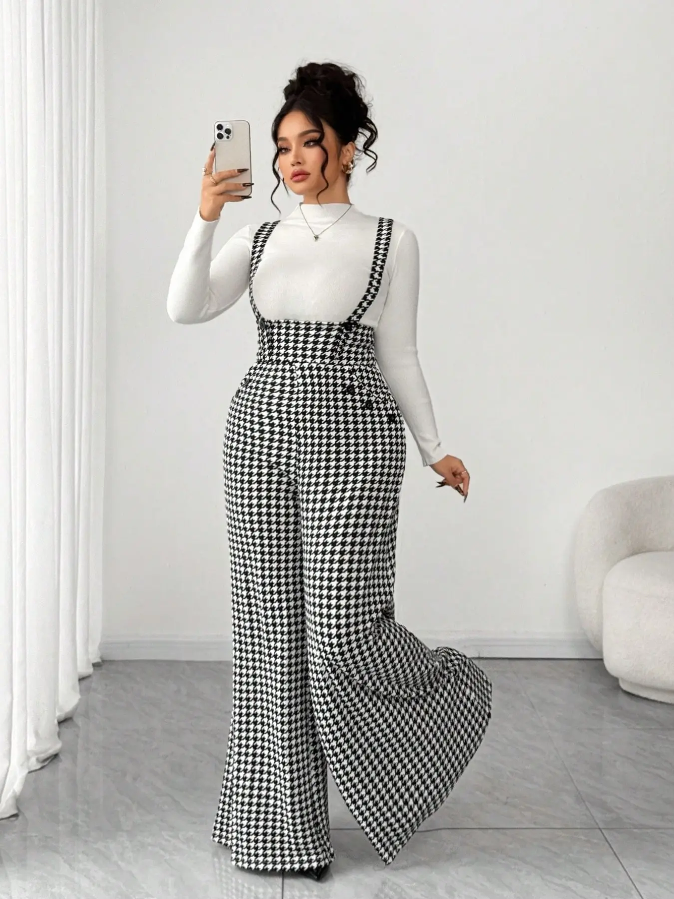 plus size womens houndstooth highwaist wideleg suspender trousers with pockets elegant autumn winter business casual commuter daily long pants Checkered Pants AZ186