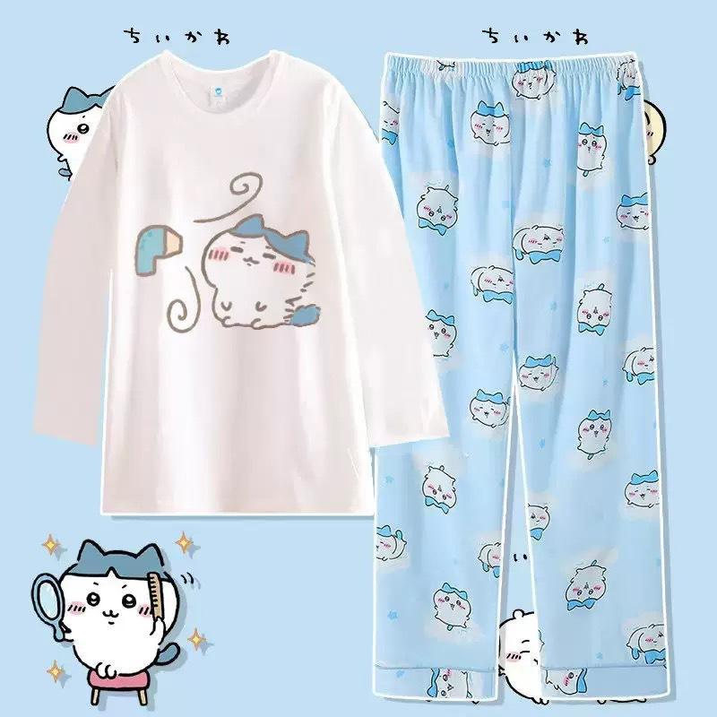 Anime Usag Hachiware Summer thin pajamas round neck Loose long-sleeved shirt and pants Cute cartoon pattern household clothes