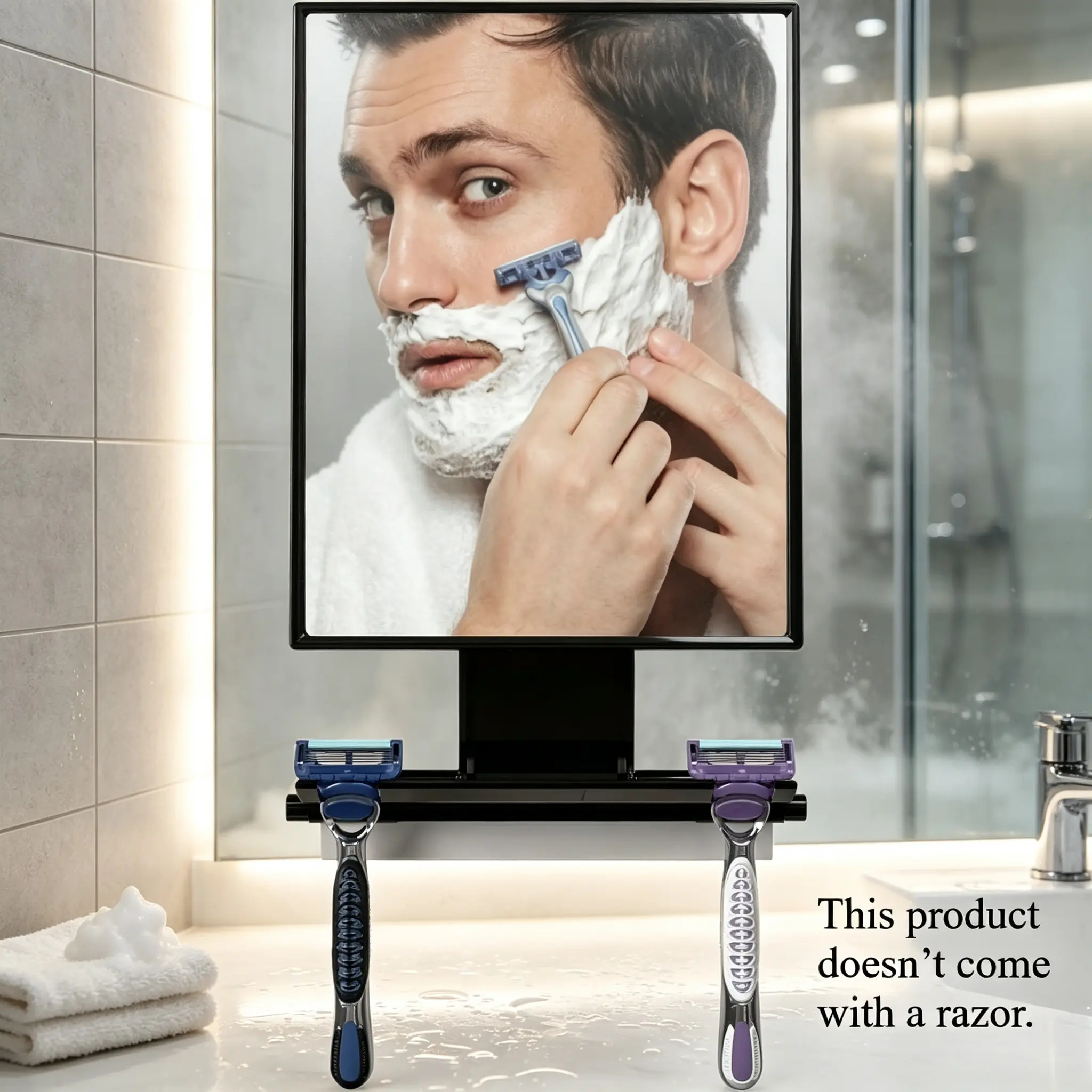Fog-free vanity shower mirror for home bathing, long anti-fog effect without frequent wiping. Dual storage for toiletries and razors, rust-proof shatterproof material with simple wall mount, affordable bathroom mirror for shower and facial care.