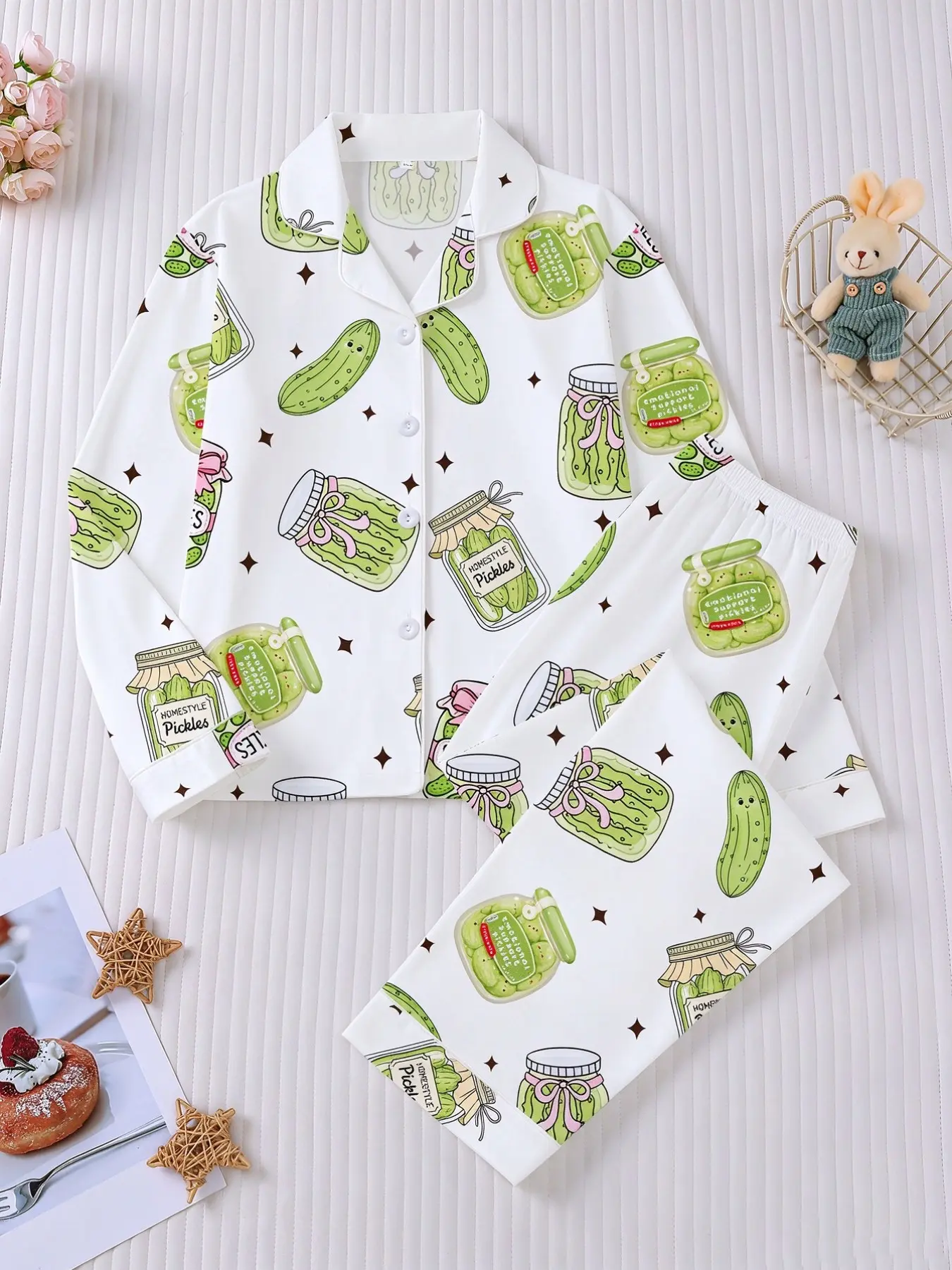 Cartoon Pickle Print Women's Collar Sleepwear Set Pajama, Cute Long Sleeve Blouse and Pants, Loose-Fit Casual Home, All over Print