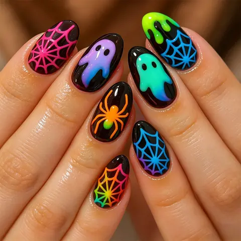 24 Pieces + Jelly Glue + File, Halloween Neon Gradient Ghost Spider Press-On Nails, Pressed On Nails, Colorful Web False Nails, Fake Nails, Halloween Party Accessories