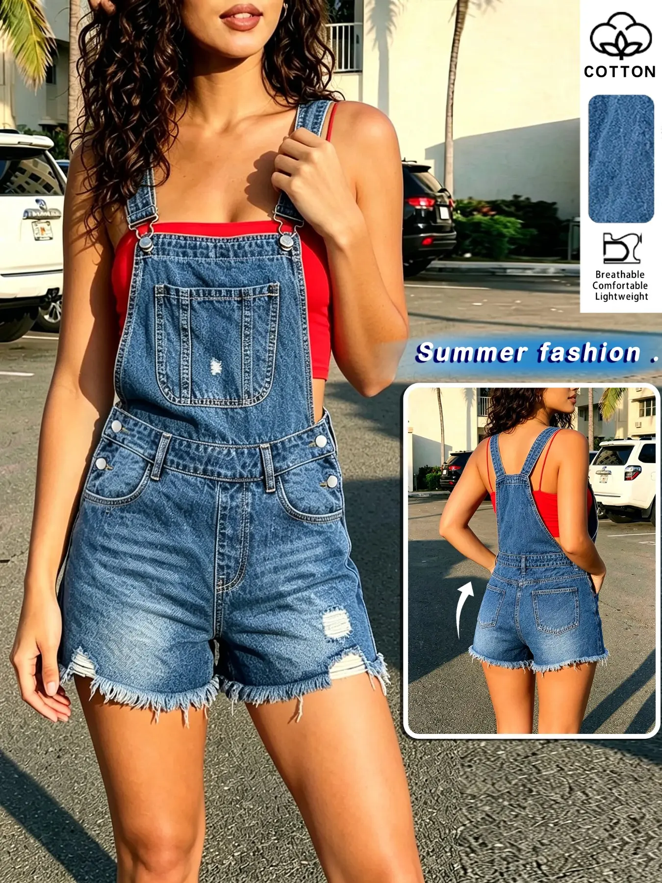 Dark Wash Distressed Sleeveless High Waist Rolled Frayed Hem Denim Fabric Short Overalls Womenswear, Stylish Casual Style Wear, Aesthetic, Perfect for Summer