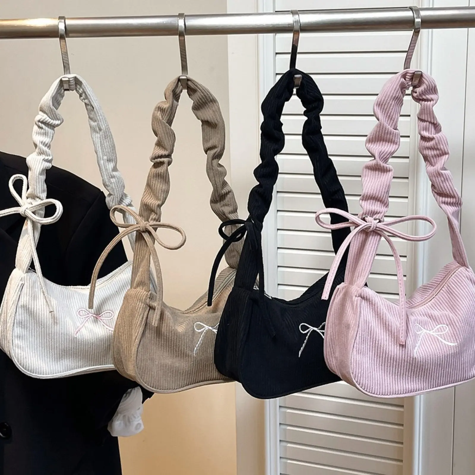 Corduroy Bow Embroidery Hobo Underarm Bag, Cute Ruched Scrunchie Strap Trend Shoulder Purse, Black Vertical Stripe Drawstring Mini Handbag, Soft Retro Corduroy Lightweight Bag for Daily Shopping School Casual Outdoor