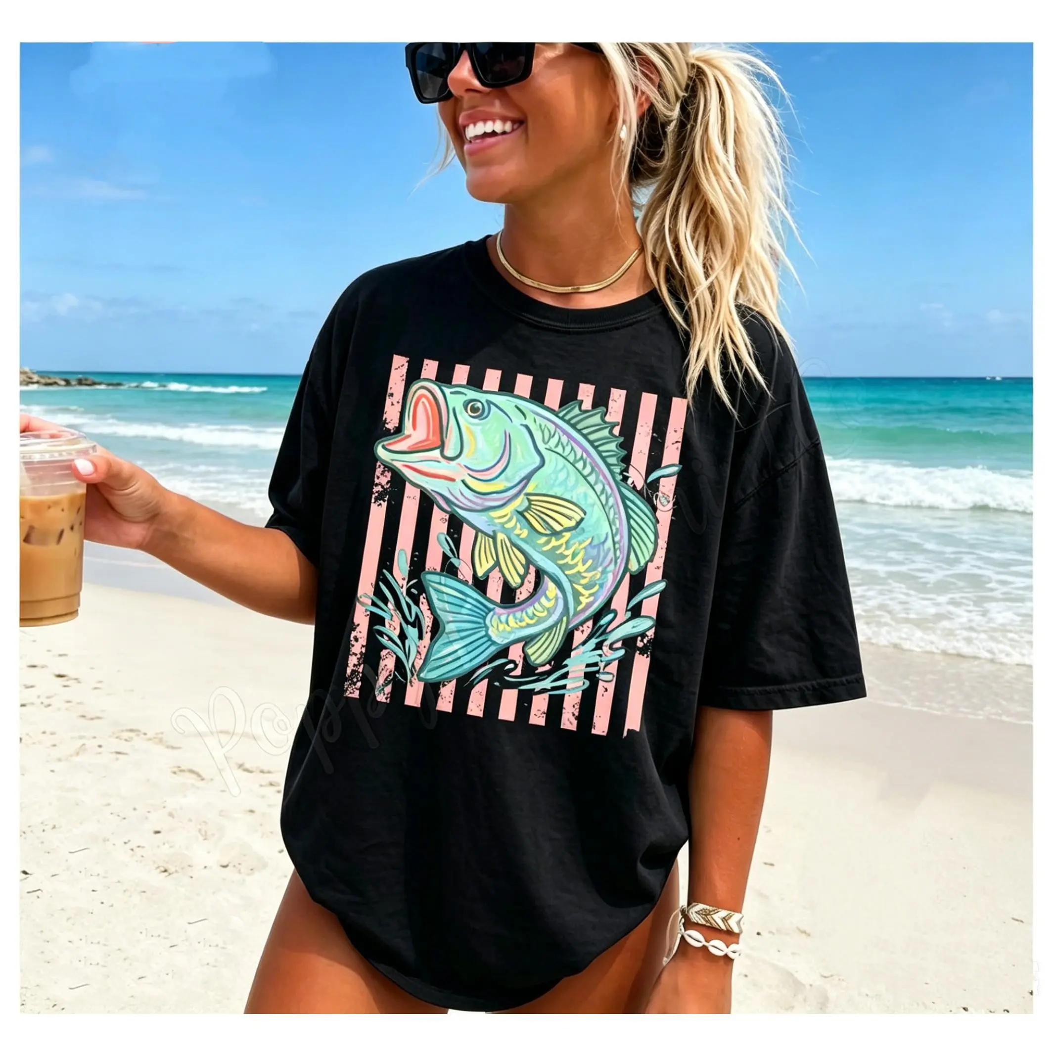 Men's Bass Fish Beach Graphic Cotton T-Shirt - Retro Preppy Striped Fishing Tee, Summer Coastal Aesthetic Baggy Seamless Loose Oversized Casual Round Neck Top for Beach Vacations, Tshirt, Fabric, Smooth, Soft