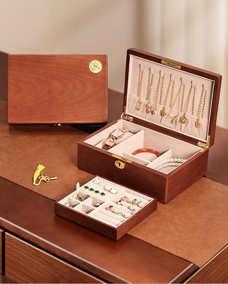 Solid wood embedded double-layer home jewelry box, desktop earring and ring storage box, flip-top lockable accessory storage box