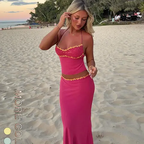 Women's Summer Fashion Solid Colorblock Cami Top and Skirt Set, Stylish Two-Piece Outfit Clothes for Casual Wear