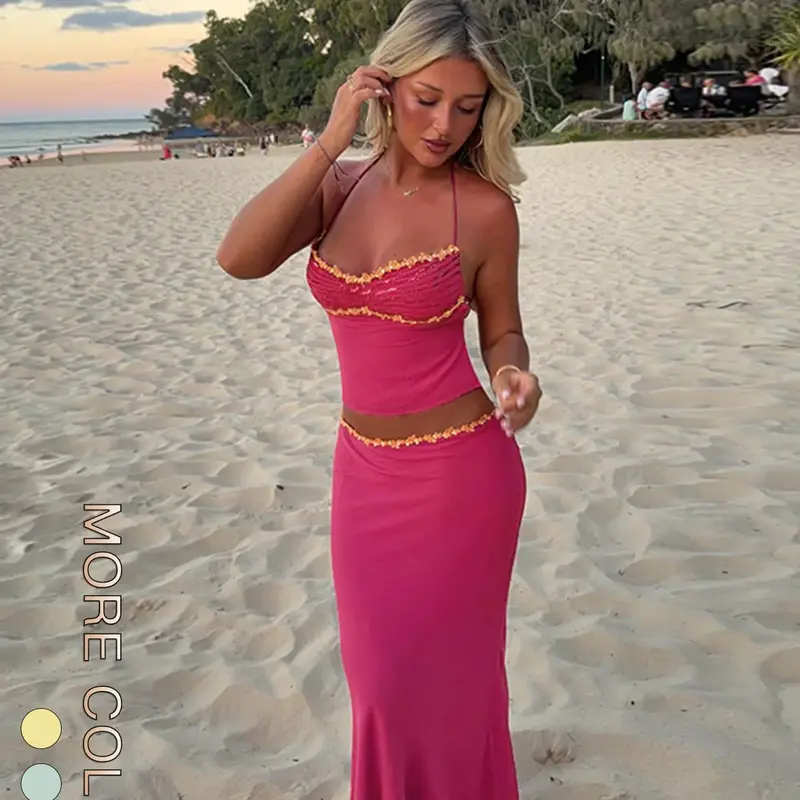 Women's Summer Fashion Solid Colorblock Cami Top and Skirt Set, Stylish Two-Piece Outfit Clothes for Casual Wear